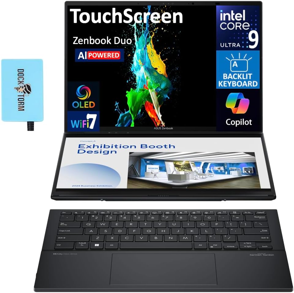 Asus Zenbook Duo AI Powered 2-in-1 Laptop 14.0' Touchscreen OLED WUXGA Display (Intel Ultra 9-285H, 32GB LPDDR5X, 4TB PCIe SSD, Backlit KB, 2 Thunderbolt 4, WiFi 7, Win 11 Pro) w/DKZ USB Port Expander