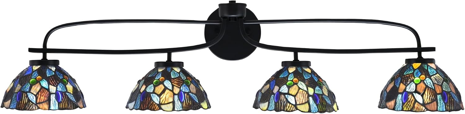 Toltec Lighting Cavella 4-Light Bath Bar – Modern Vanity Light Fixture for Bathroom – Dimmable and LED-Compatible Wall Light – Matte Black Finish, 7' Blue Mosaic Art Glass