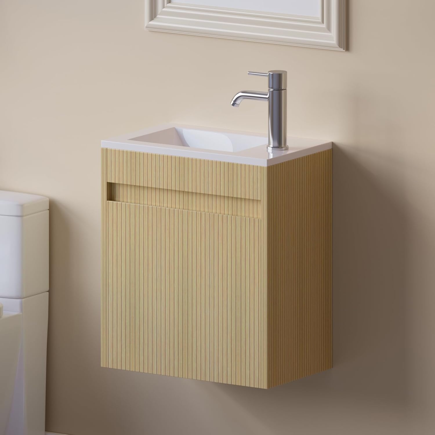 wonline 16' Small Floating Bathroom Vanity Sink Combo, Wall Mounted Narrow Single Cabinet with Resin Basin Sink Top, Water Saving Chrome Faucet & Pop-Up Drain