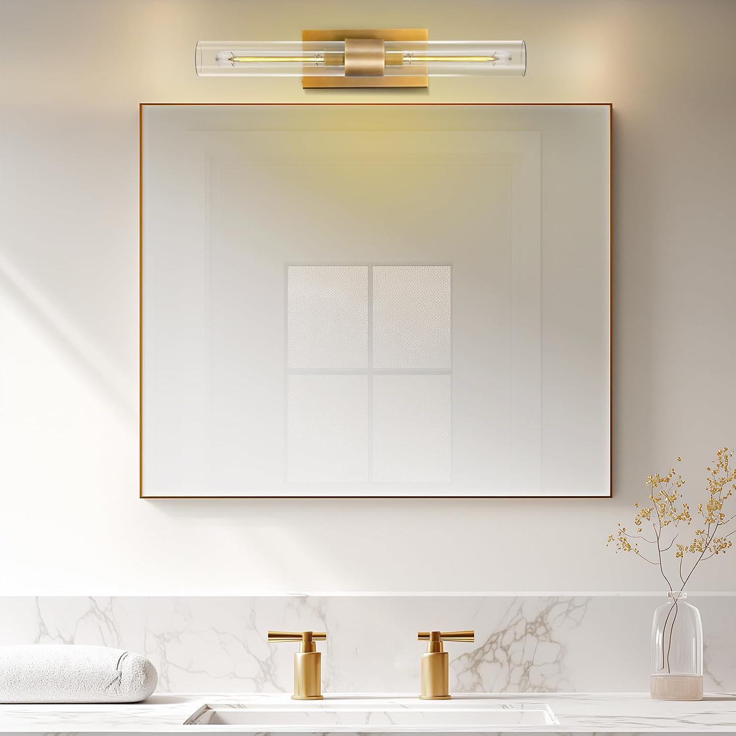 Brass Bathroom Vanity Wall Sconces, Glass Tube Wall Sconces, 24 Inch Horizontal or Vertical Linear Wall Sconces,Gold Vanity Light, Bathroom Wall Sconce, E26 Bulb Included