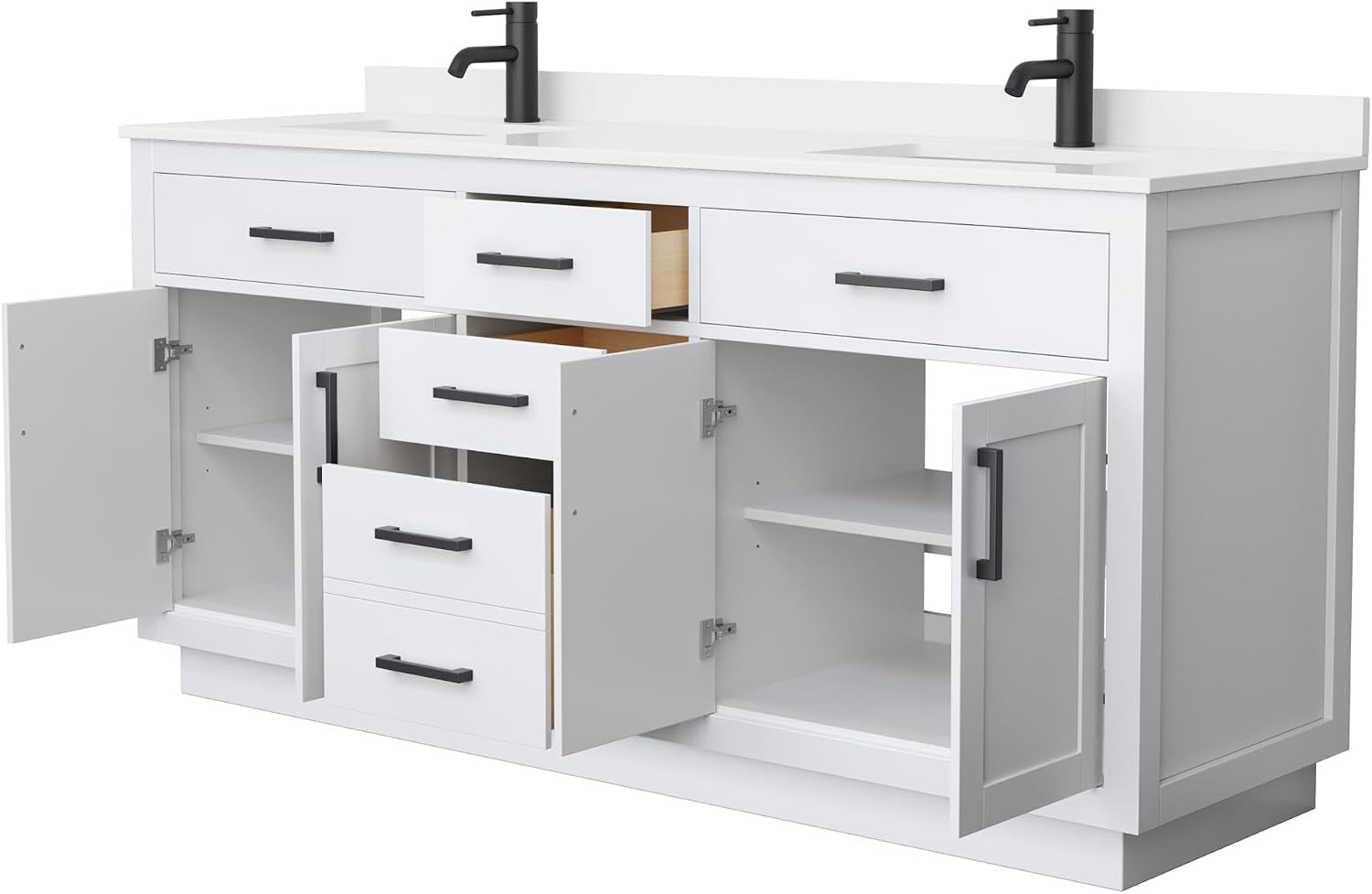 Wyndham Collection Beckett 72 Inch Double Bathroom Vanity with Toe Kick in White, White Quartz Countertop, Undermount Square Sinks (1-Hole), Matte Black Trim