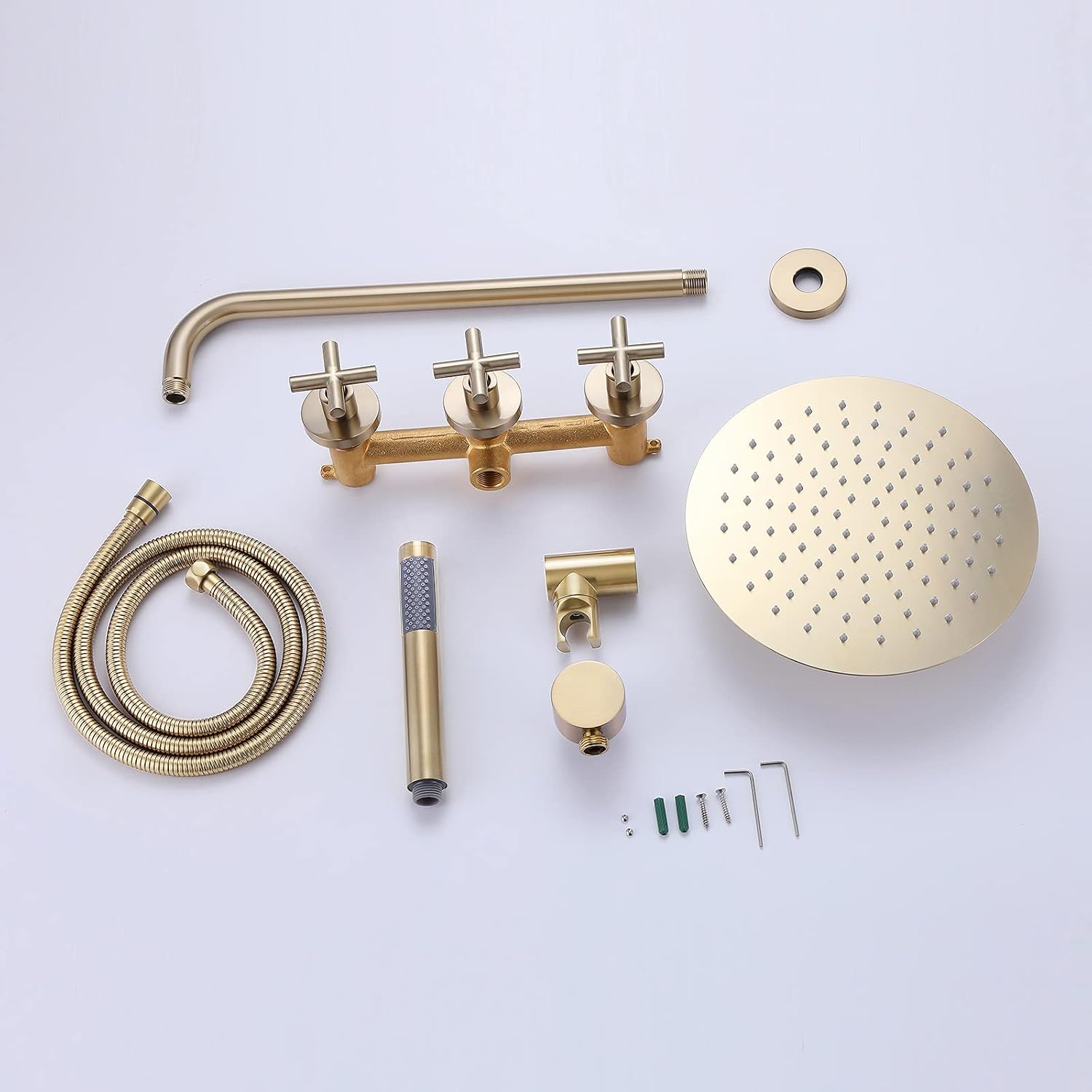 RBROHANT Gold Shower System Brass Shower Faucet Set, 10 Inch High Pressure Round Rain Shower Head with Handheld Spray, Wall Mounted, Rough-in Valve Included, Brushed Gold, RCS81010BG