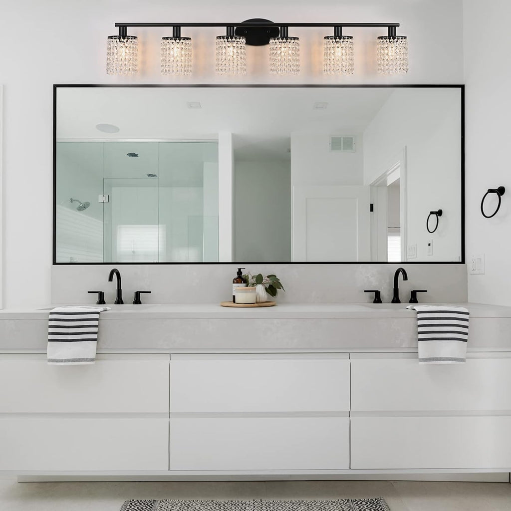 6-Light Bathroom Light Fixtures,Crystal Black Vanity Lights for Bathroom,Modern Bathroom Lights Over Mirror,Modern Black Wall Lights