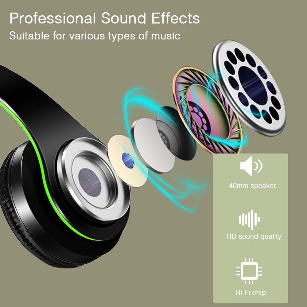 Bluetooth Headphones, Chat- Comfortable Over Ear Stereo Headphsets with Mic, Soft Earmuffs/Foldable/SD/TF, 20H Playtime, Great for Music/OFC/Tour/Gym/Game (10 pcs Green Colors)