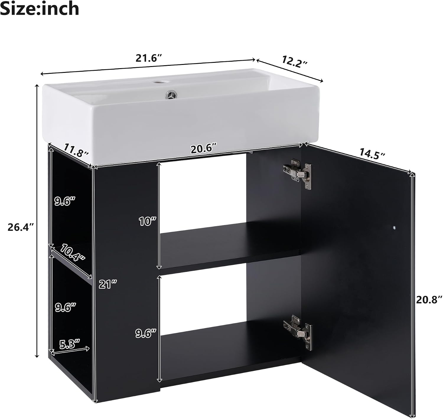 21.6-inch Bathroom Vanity with Sink, Wall-Mounted Vanity Cabinet with Storage Cabinet & Left Two-Tier Shelf, Solid Wood Bath Vanity Organizer with Ceramic Sink for Bathroom, Black