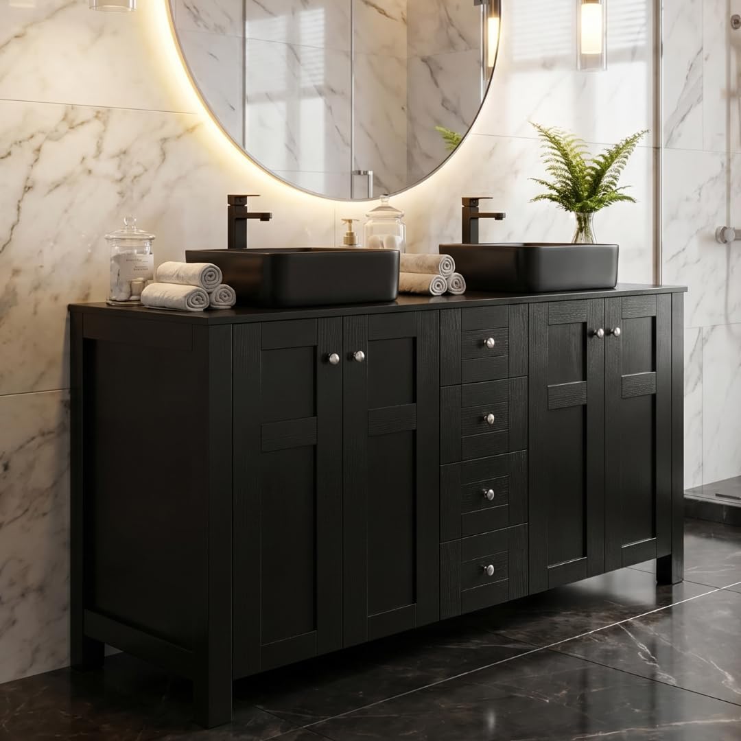 48 Inch Bathroom Vanity with Sink, Traditional Freestanding Black Bathroom Vanity Cabinet with Four Drawers, Pedestal Cabinet with Two Black Ceramic Vessel Sinks