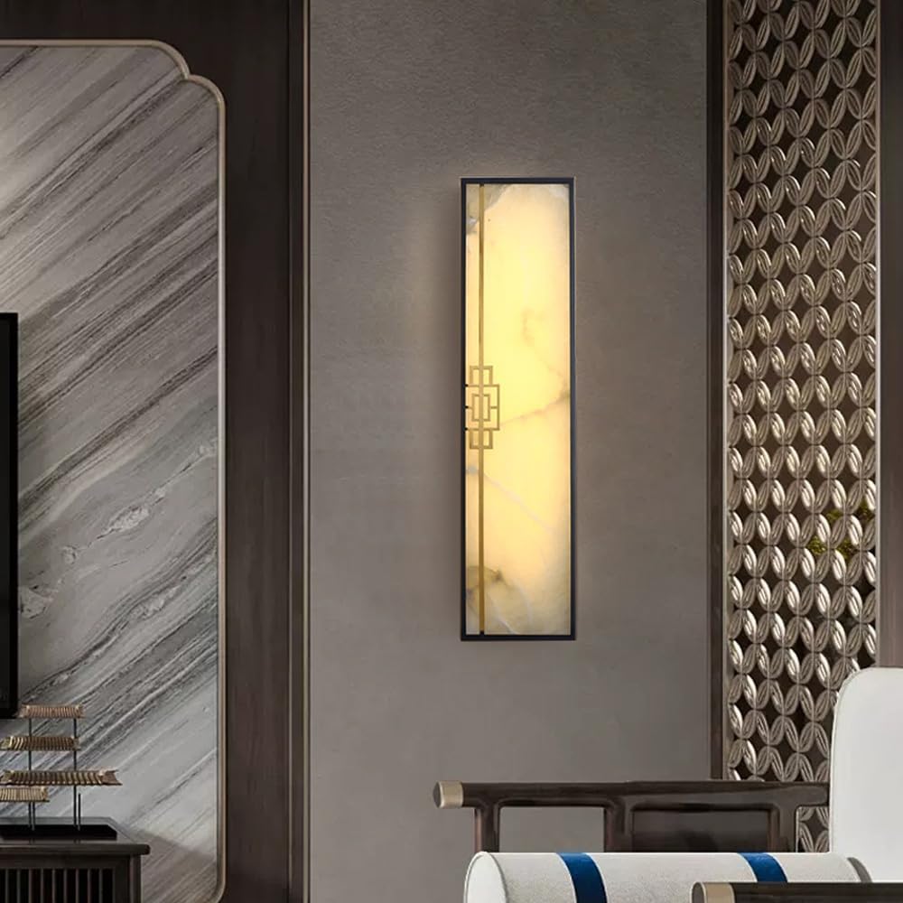 16.5' Alabaster Sconce Set of 2 Marble Stone Wall Sconce Lighting Black Brass Bathroom Light Fixture Square Alabaster Wall Sconce 3-Color Dimming Luxury Indoor Lighting for Living Room Bedroom
