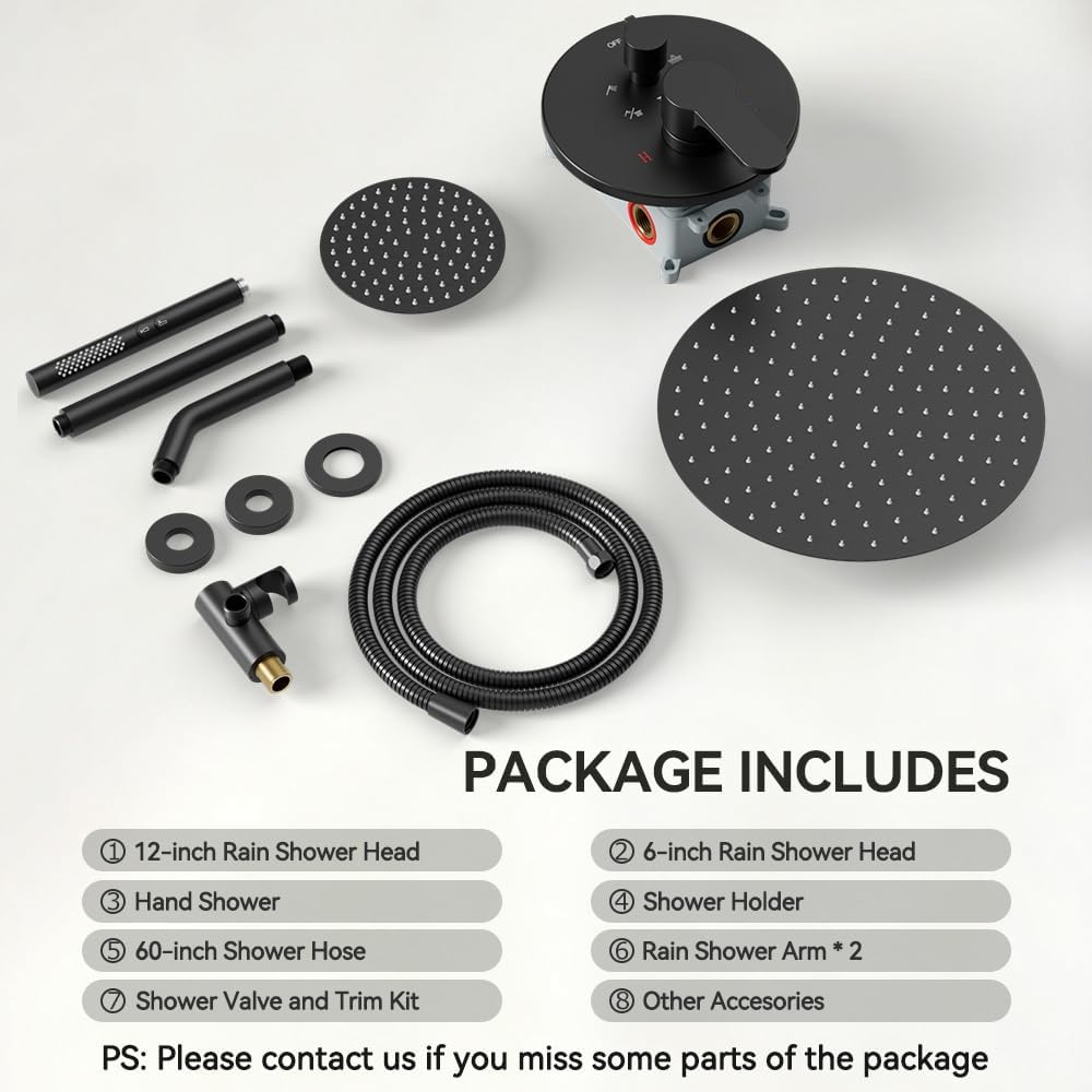 Shower Systems Shower Faucet Sets STARBATH 3 Way 12+6' Round Dual Rainfall Shower Head with Handheld Spray Combo, Ceiling Mounted Rain Shower Valve with 5 Diverter and Trim Kit Complete, Matte Black