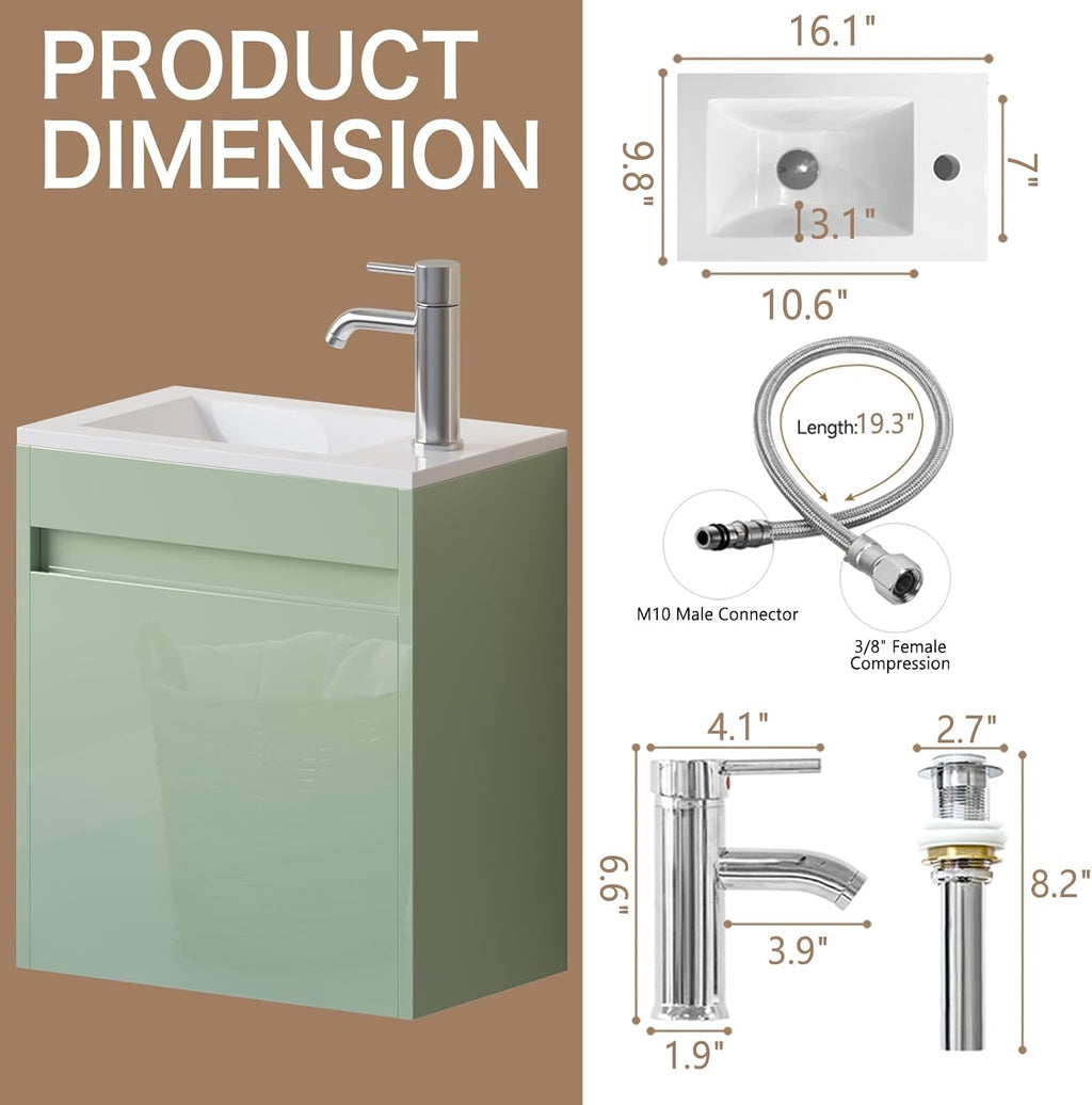 wonline 16' Floating Bathroom Vanity with Sink, Wall Mounted Resin Basin Cabinet Combo for Small Bathrooms, High Gloss Green, Includes Chrome Faucet & Pop Up Drain