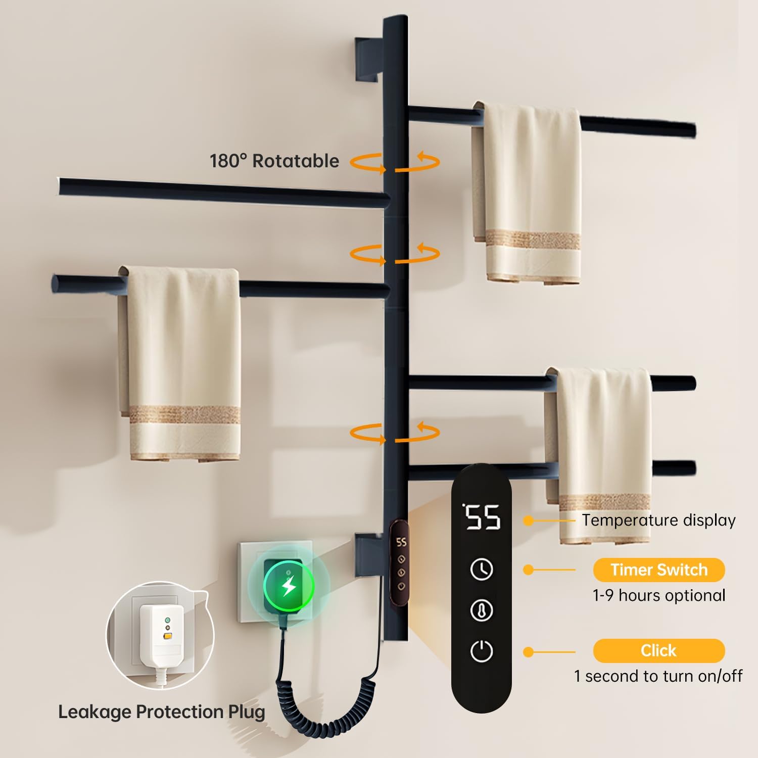 180°Rotation Electric Heated Towel Rack Wall Mounted Towel Warmer Racks 5 Bars Hardwired & Plug-in Hot Towel Rack with 1H-9H Timer for Home Bathroom Salons and Spas (Black)