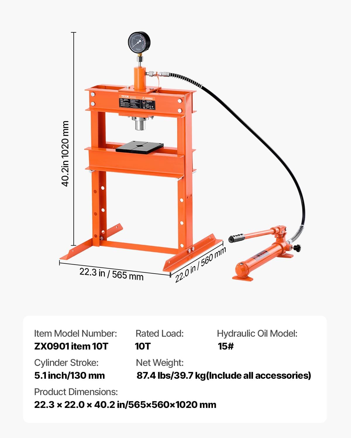 VEVOR Hydraulic Shop Press, 10 T H-Frame Shop Press with Press Plate & H-Shaped Base, Stable Garage Floor Adjustable Hydraulic Press with Relief Valve, Fit for Bending, Straightening & Stamping