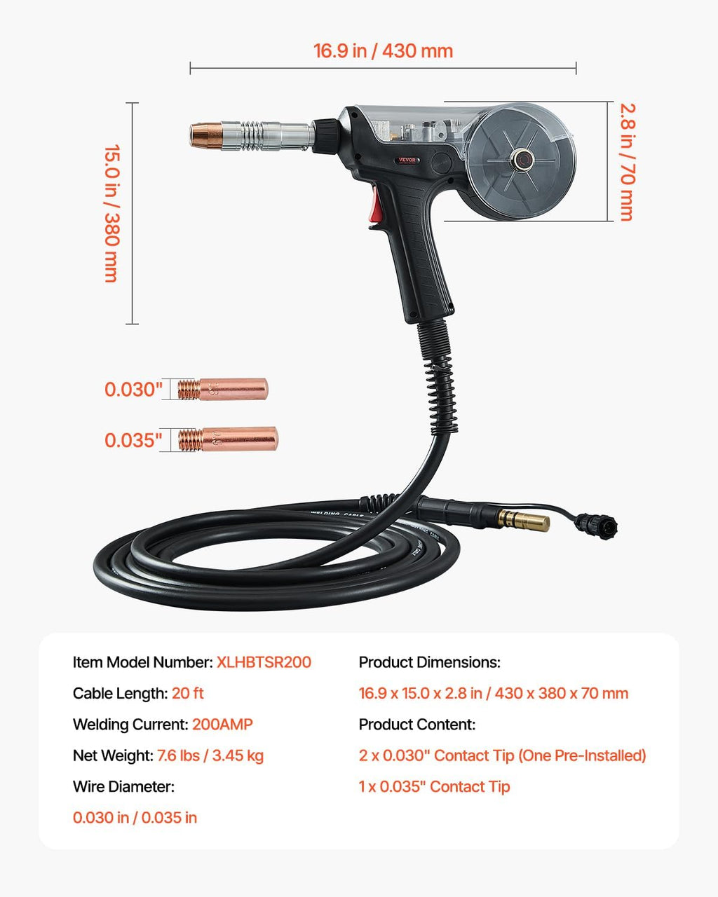 VEVOR 200Amp Spool Gun with 20FT Cable, Compatible with Hobart lronMan 240 Mig Welders, Suitable for 0.030' and 0.035' Flux Core/Solid/Aluminum Welding Wires