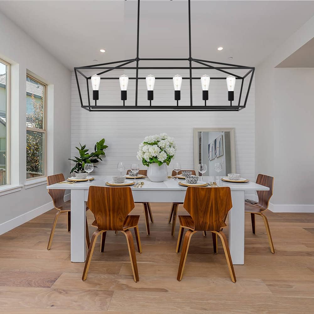 BONLICHT 6-Light Linear Farmhouse Chandelier in Matte Black Finish Industrial Kitchen Island Pendant Lighting Ceiling Hanging Lamp for Dining Room Stairway Living Room