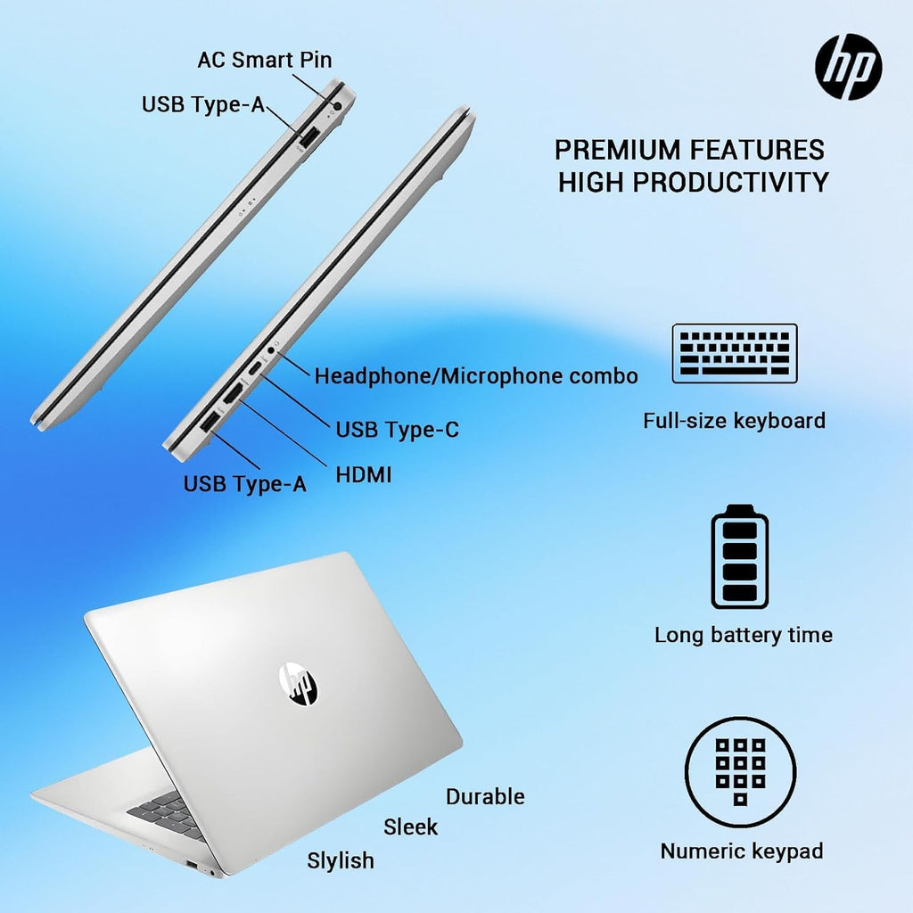 HP 17 Inch Laptop 2025, 17.3' FHD IPS Display, 32 GB RAM, 1 TB SSD, AMD Ryzen 5 7430U, AMD Radeon Graphics, Copilot-AI, Wi-Fi 6, Long Battery Life, Anti-Glare, Windows 11 Pro, w/Accessories