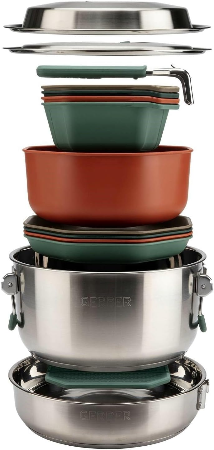 Gerber Gear ComplEAT Cook Set - Dishwasher-Safe Camping Cookware for Outdoor Cooking - Includes Saute Pan, Stock Pot, 4 Plates, 4 Bowls, Mixing Bowl & More
