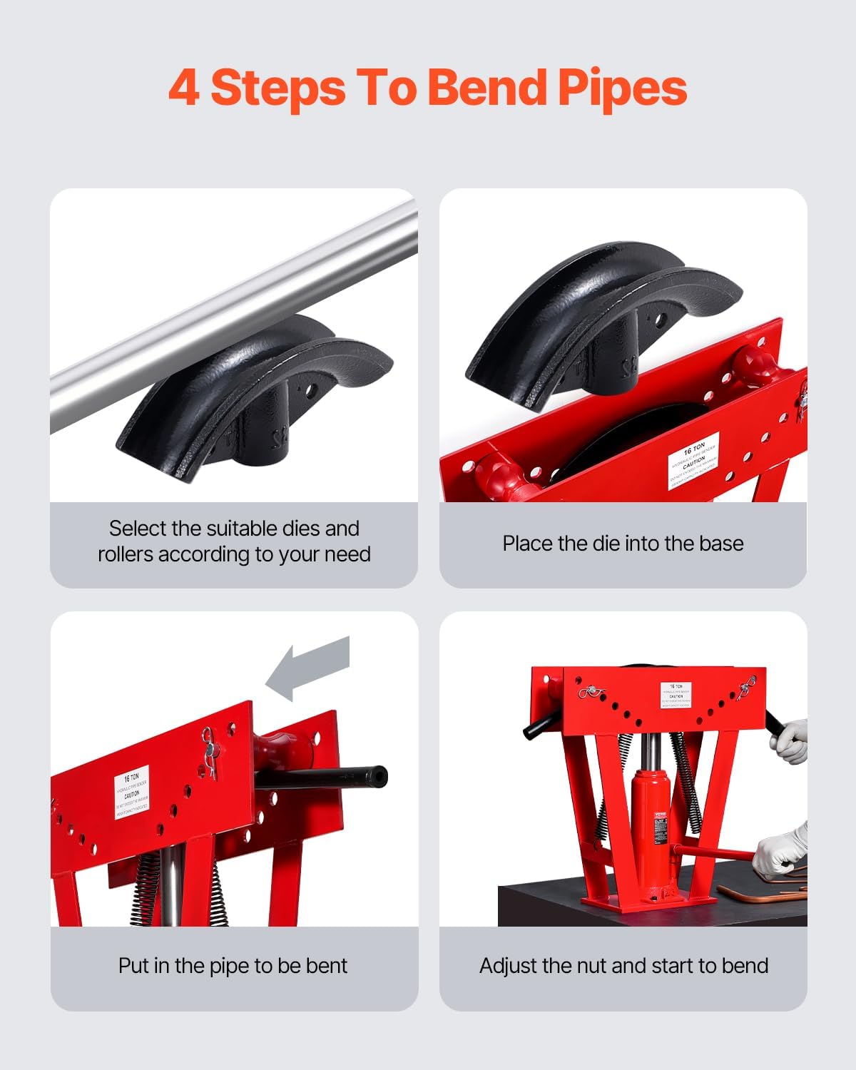 VEVOR Hydraulic Pipe Bender, 16 Ton Manual Copper Exhaust Pipe Bending Machine with 8 Dies (1/2' - 3') and 90-180° Adjustable Rollers, Heavy-Duty Pipe Tube Bender for Piping Railing Construction