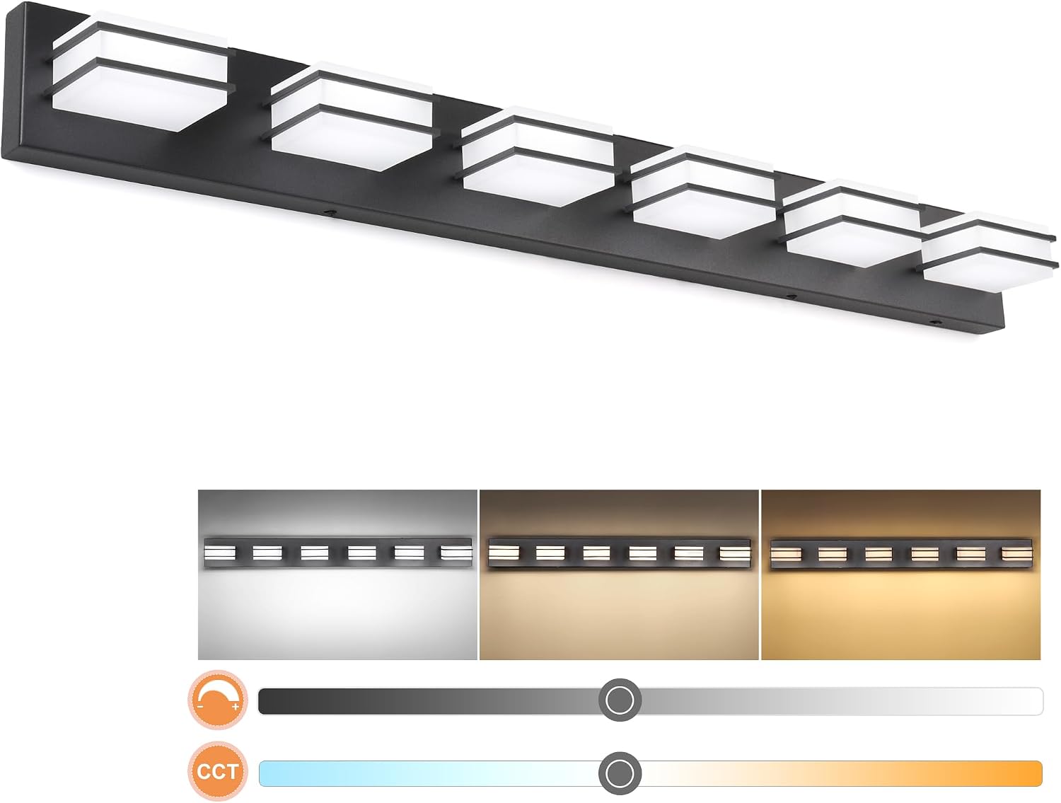 GOODATE 3 Color Temperature Dimmable Vanity Lights for Bathroom, Black 6 Light Vanity Light Fixtures, Acrylic Stainless Steel Square Shade Light Fixtures for Bathroom Above Mirror, ETL Certificated