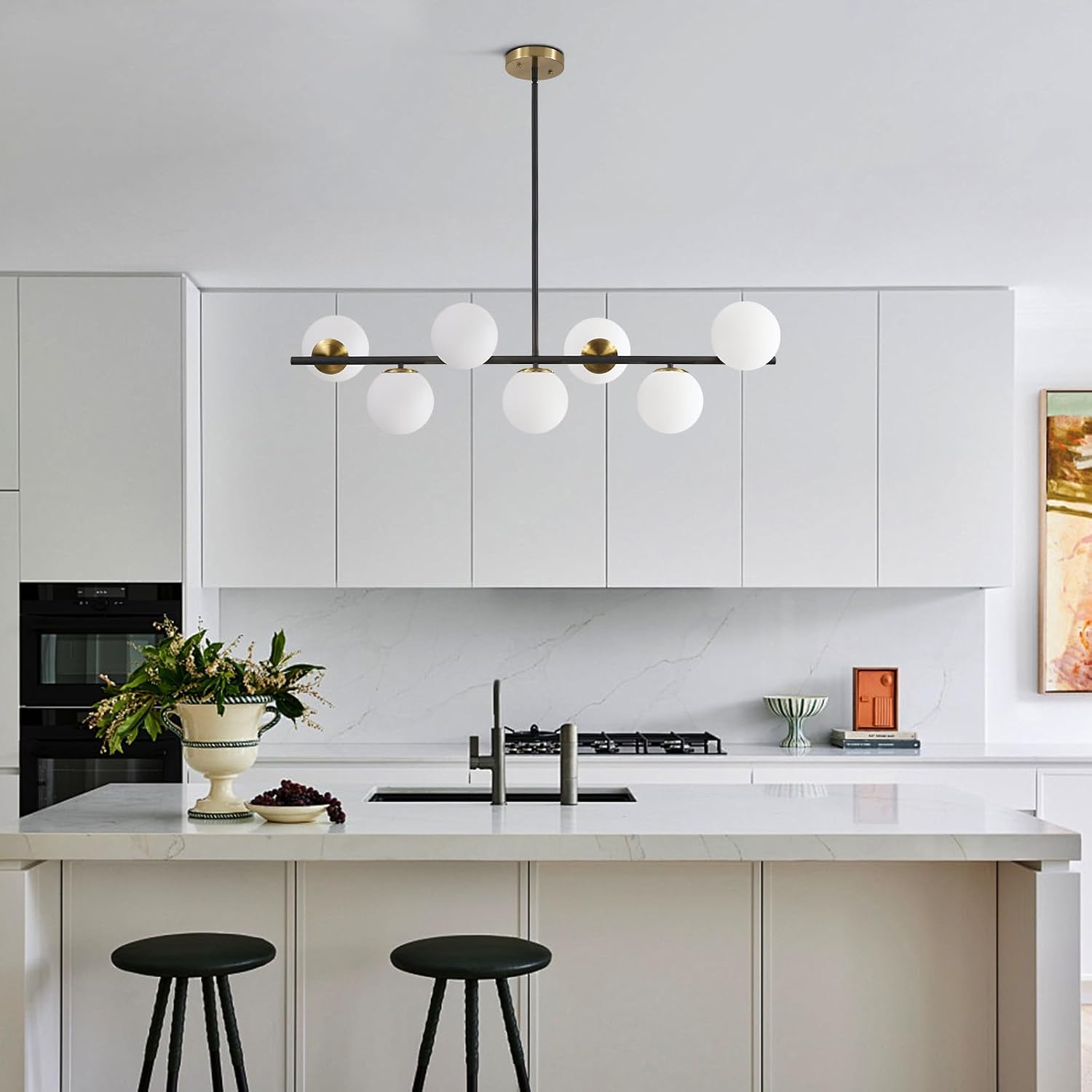 KCO 43.3' Black Gold Linear Glass Globe Sputnik Chandelier for Dining Room | 7-light milk glass globe, mid century modern Linear Pendant, sloped ceiling compatible, for Kitchen island,living room, study