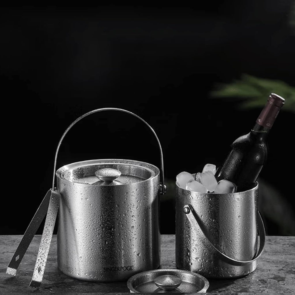 Stainless Steel Ice Bucket with Handle, Double-Walled Insulated Lid & Tongs, Thickened for Parties, Home, and Bars