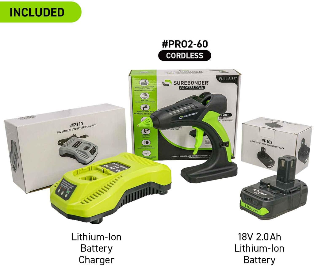 Surebonder 60 Watt Ryobi Type 18 Volt Battery Powered Cordless Professional Heavy Duty Full Size Hot Glue Gun with Battery and Charger Included