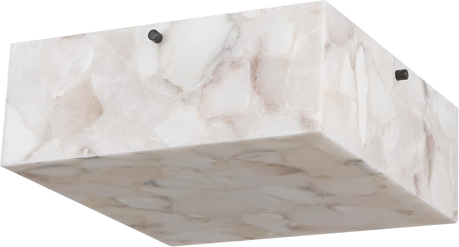 JONATHAN Y 13' White Marbling/Black Square LED Flush Mount Ceiling Light, Modern Decor, White Marble Alabaster Shade, 2-Light Fixture for Bedroom, Hallway, Bathroom, Glam Lighting (JYL1201B)