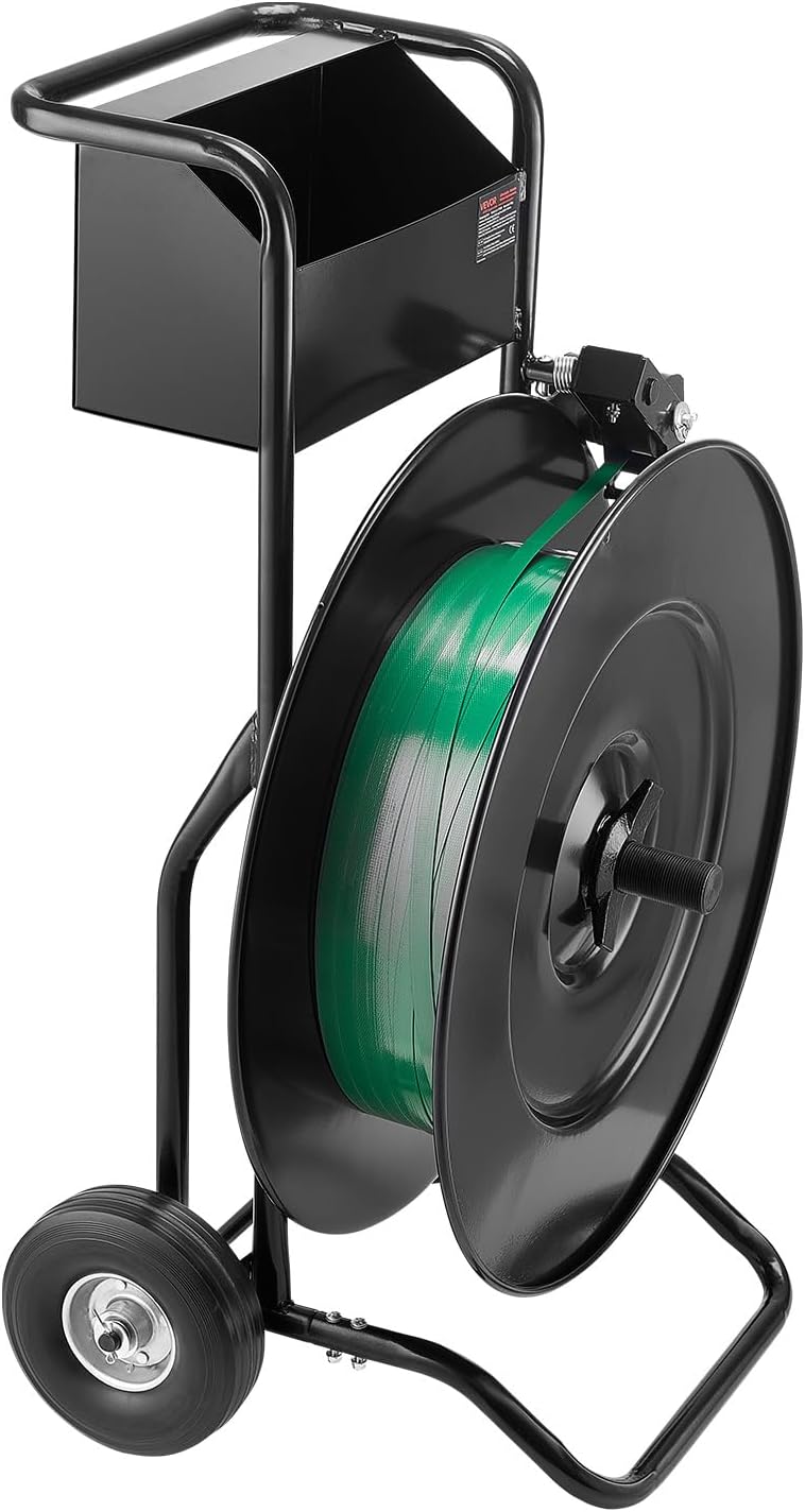 VEVOR Banding Strapping Cart, for PET/PP Coils with 8' or 16' Core, Heavy Duty Strapping Dispenser with Upgrade Drum Brake System, Rubber Wheels and Built-in Spacious Tool Tray, 110 lbs Capacity