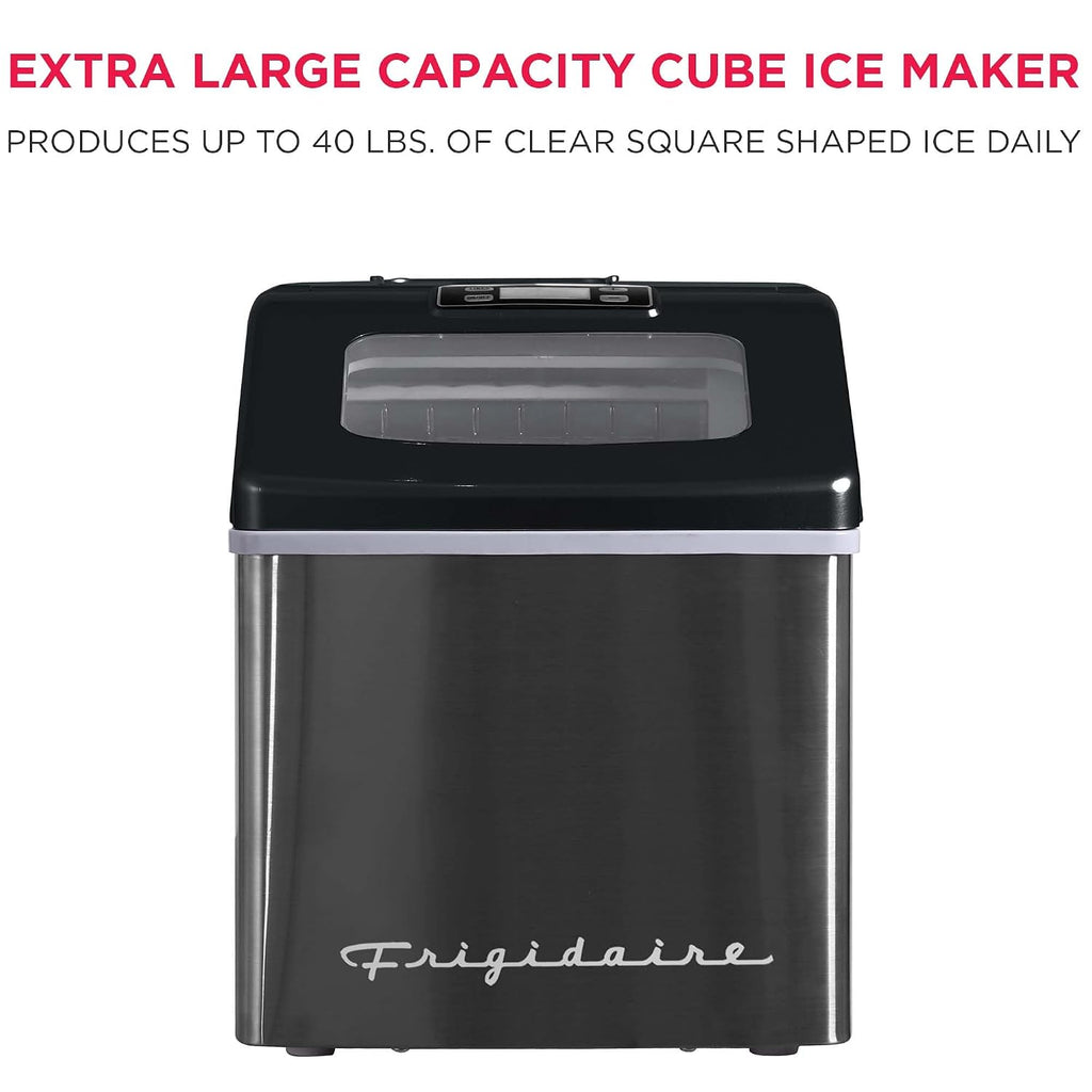 Frigidaire Ice Maker EFIC452, Countertop Stainless Steel Ice Maker with Transparent Window, Clear Ice Cube Maker with 40 lbs. Capacity, Ice Maker Machine – 14.8' D x 11' W x 14.1' H (Black)