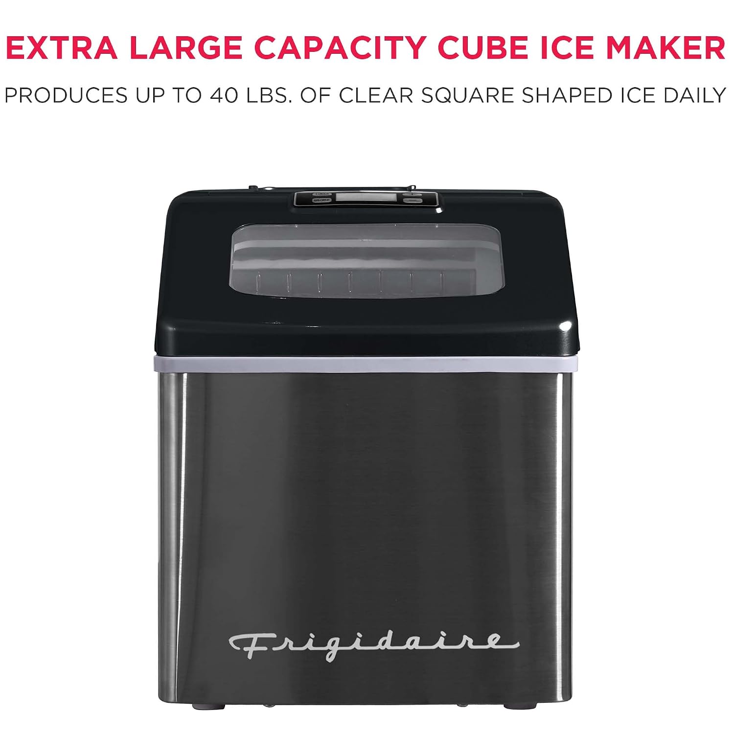 Frigidaire Ice Maker EFIC452, Countertop Stainless Steel Ice Maker with Transparent Window, Clear Ice Cube Maker with 40 lbs. Capacity, Ice Maker Machine – 14.8' D x 11' W x 14.1' H (Black)