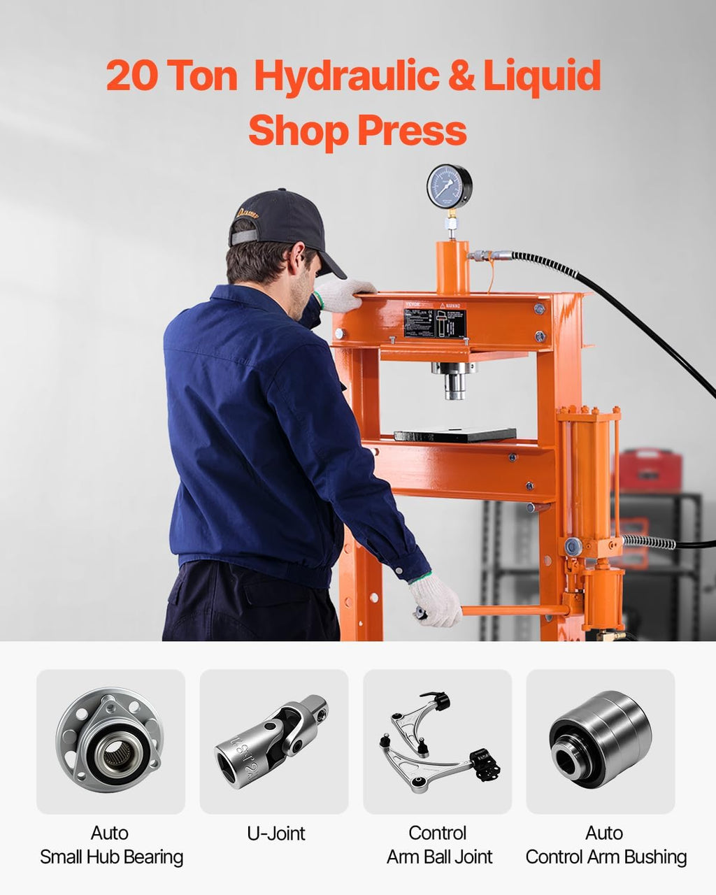 VEVOR Hydraulic Shop Press, 20 T H-Frame Pneumatic Shop Press with Press Plate, Stable Garage Floor Adjustable Hydraulic Press with Triangular Support, Fit for Bending, Straightening & Stamping