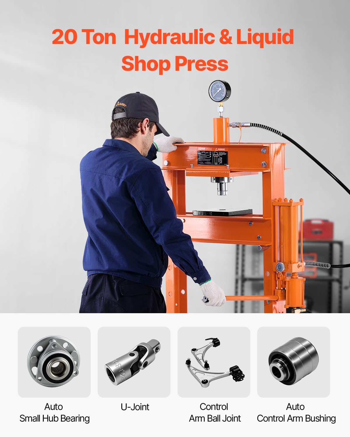 VEVOR Hydraulic Shop Press, 20 T H-Frame Pneumatic Shop Press with Press Plate, Stable Garage Floor Adjustable Hydraulic Press with Triangular Support, Fit for Bending, Straightening & Stamping