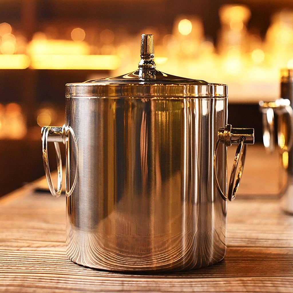 Ice Bucket,Tub Stainless Steel Bar Cooler Freezer with Lid Wine Bucket with Earrings Insulation Bucket Ice Filter 2L/Silver