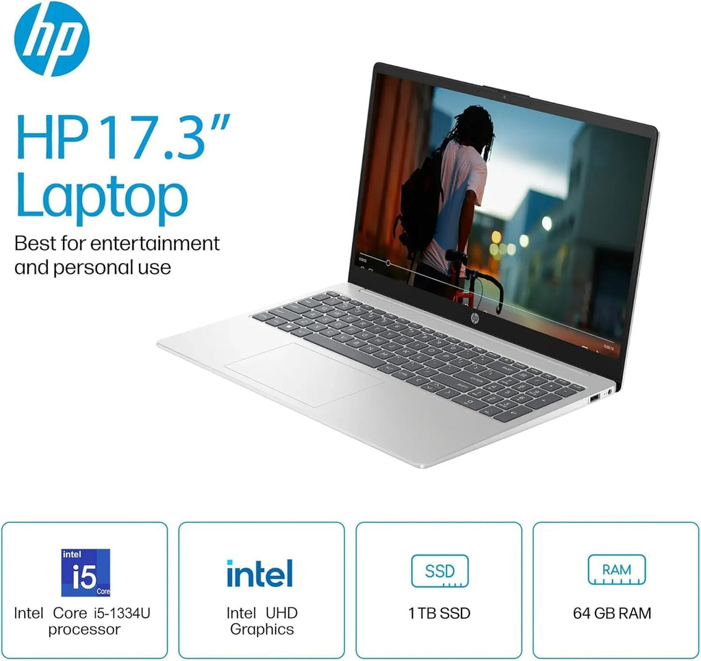 HP 2025 17.3' Business Laptop, 3th Gen Intel Core i5-1334U (Up to 4.6GHz), 64 GB RAM, 1 TB SSD, HD+ 250Nits Display, Intel Graphics, Backlit KB, Fingerprint, Wi-Fi 6, Windows 11 Pro, w/Accessories