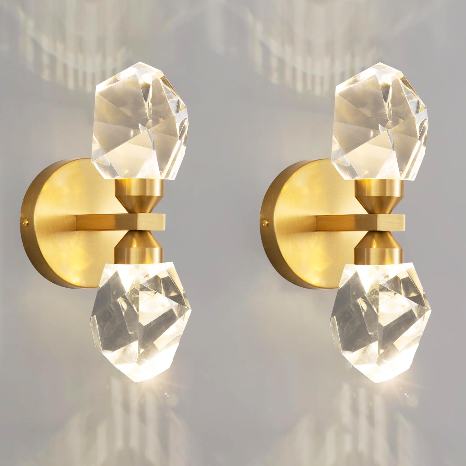 HAIXIANG 2 Packs Wall Sconces - Gold Modern Crystal Vanity Lighting for Dining Room, Bedroom, Living Room, Entryway, Bathroom - Wall Mount Lighting Fixture - Warm Light