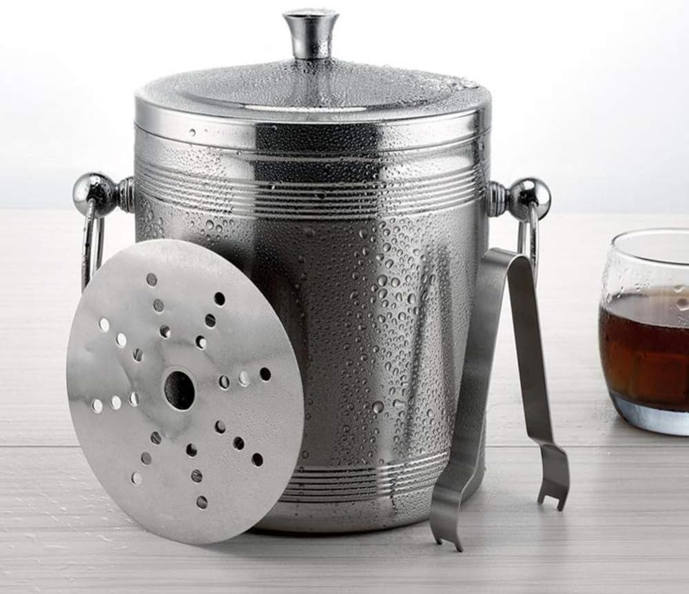 Ice Bucket with Lid 1.4 Litre Double Walled Insulated Stainless Steel with Cover Carry Handle