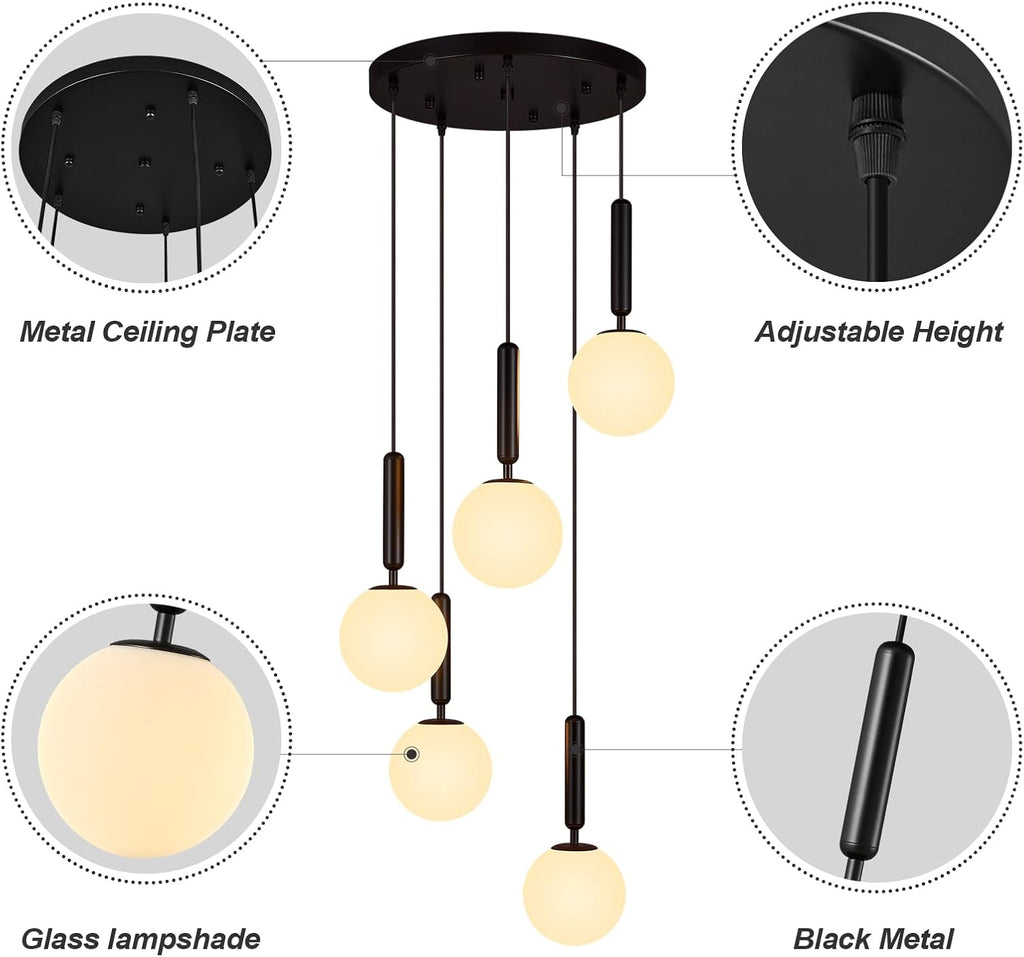 Modern Black Pendant Light Hanging Fixture Light for Kitchen Island Mid Century with Globe Pendant Light Milk White Glass Pendant Lighting for Living Room Bedroom Entryway (5 Lights)