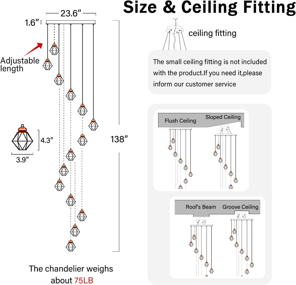 20-Light Chandelier Staircase Chandeliers for High Ceilings Crystal Chandeliers for Living Room Black Pendant Light Fixture Dimmable LED Hanging Light with Remote