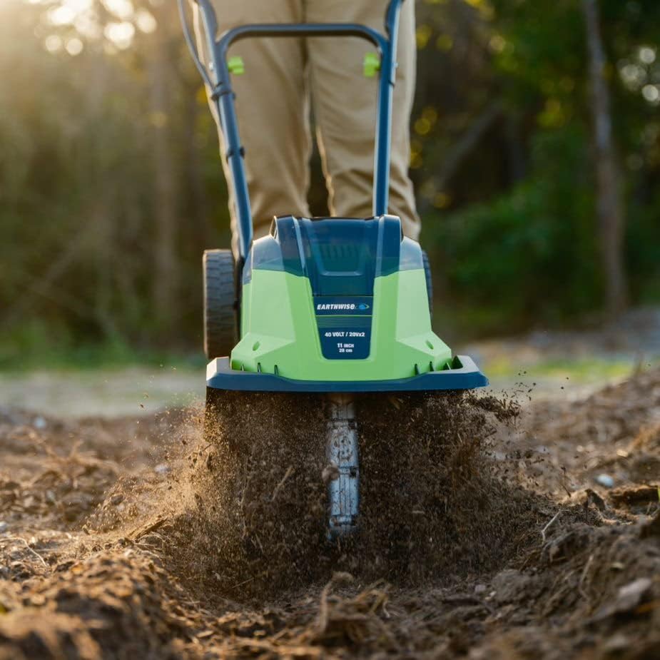 Earthwise Power Tools by ALM TC722011 11-Inch 2x20-Volt Lithium-Ion Cordless Electric Garden Tiller Cultivator, 2x20 Volt 4Ah Battery and Charger Included, Green