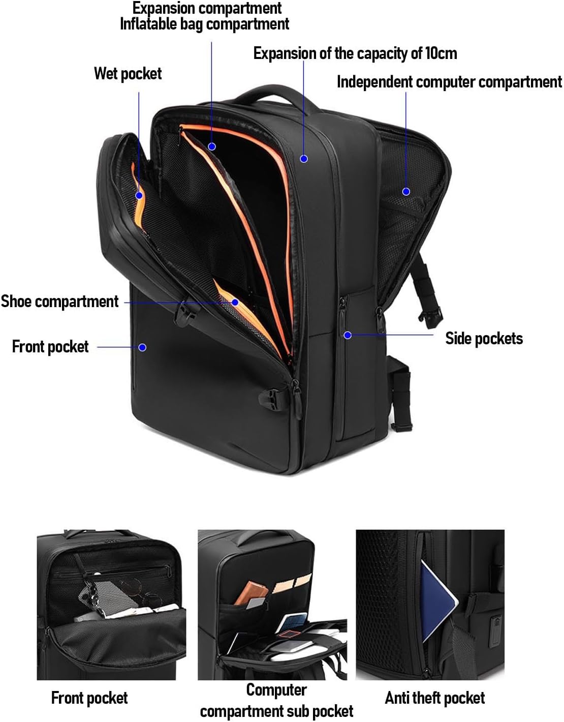 Vacuum Laptop Storage Backpack, Air Pump Vacuum Seal Compression Space Saver Bags, 40L Capacity, Extra Large Travel Backpacks, for Men & Women (Black).
