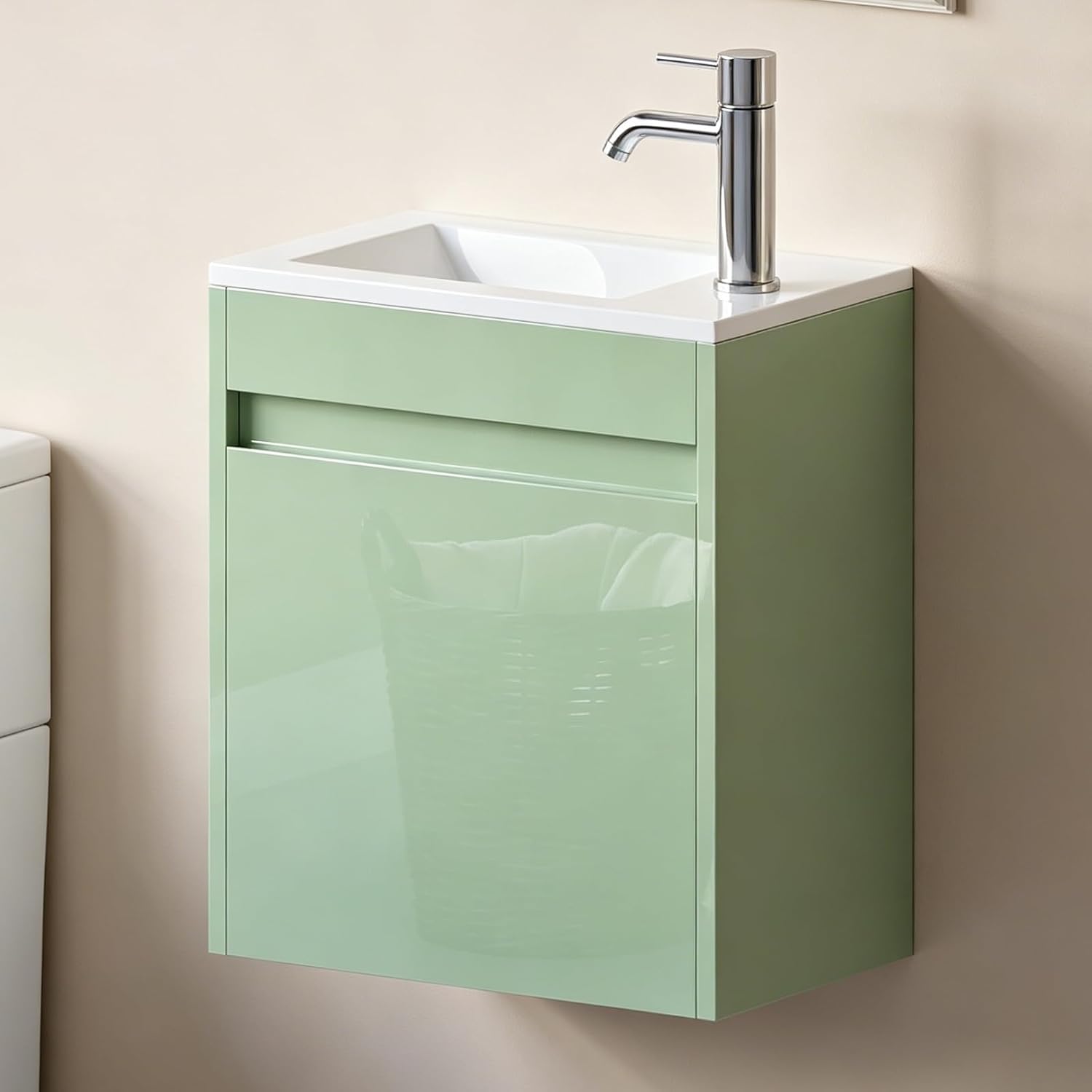wonline 16' Floating Bathroom Vanity with Sink, Wall Mounted Resin Basin Cabinet Combo for Small Bathrooms, High Gloss Green, Includes Chrome Faucet & Pop Up Drain