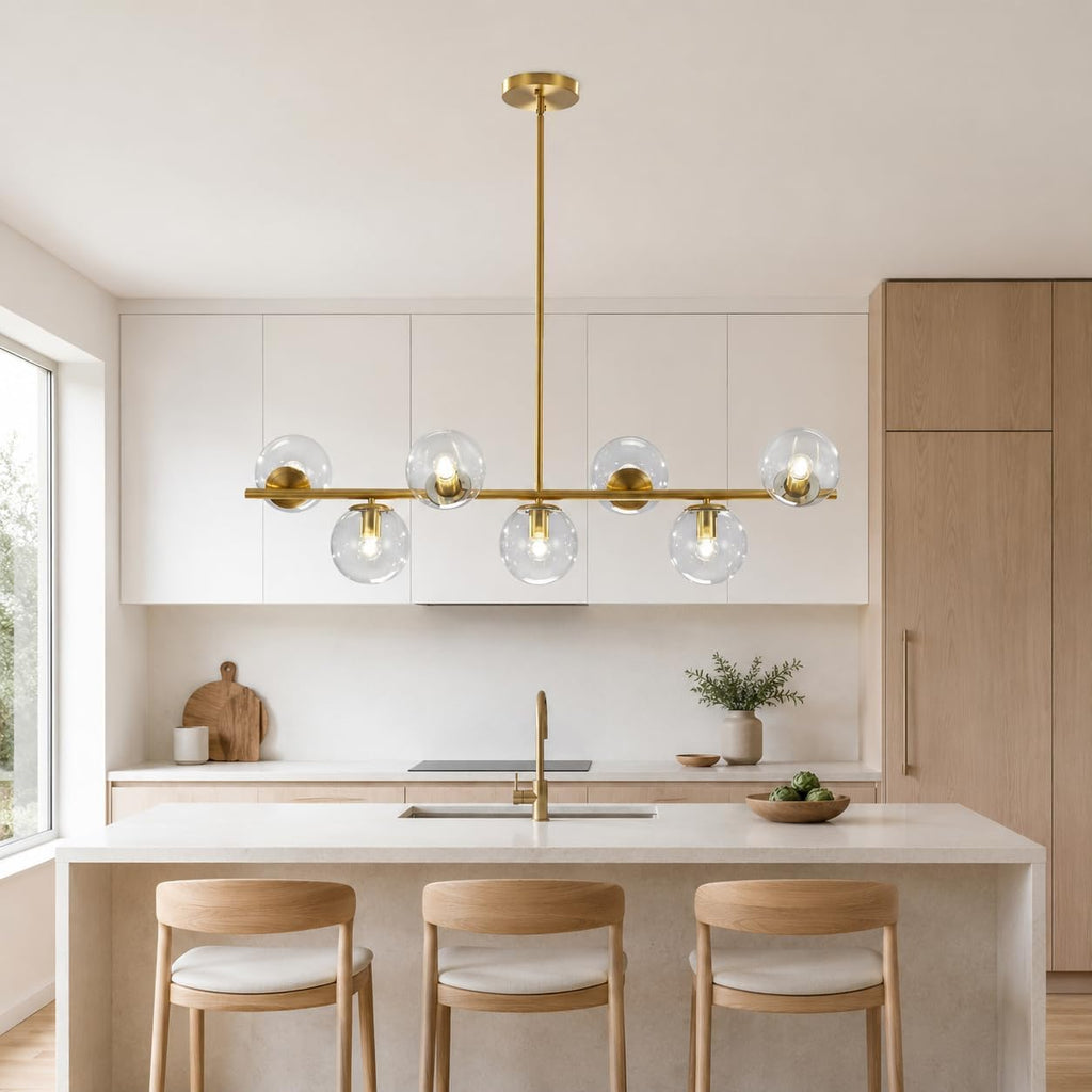 KCO Lighting 7-Light Clear Glass Globe Sputnik Chandelier Mid Century Modern Pendant Hanging Light Gold Brass for Kitchen Island Dining Living Room