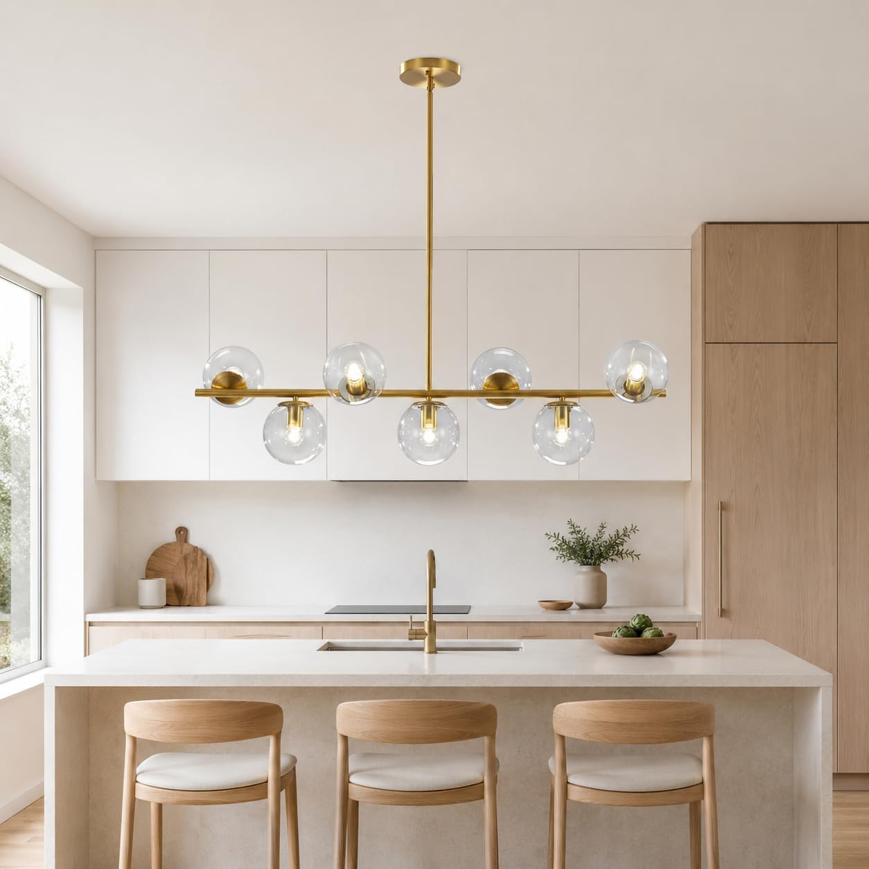 KCO Lighting 7-Light Clear Glass Globe Sputnik Chandelier Mid Century Modern Pendant Hanging Light Gold Brass for Kitchen Island Dining Living Room