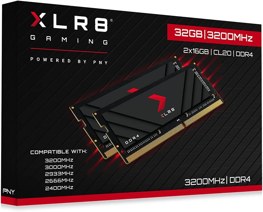PNY XLR8 Gaming 32GB (2x16GB) DDR4 DRAM 3200MHz (PC4-25600) CL20 1.2V Dual Channel Overclocked Notebook/Laptop (SODIMM) Computer Memory Kit – MN32GK2D43200X