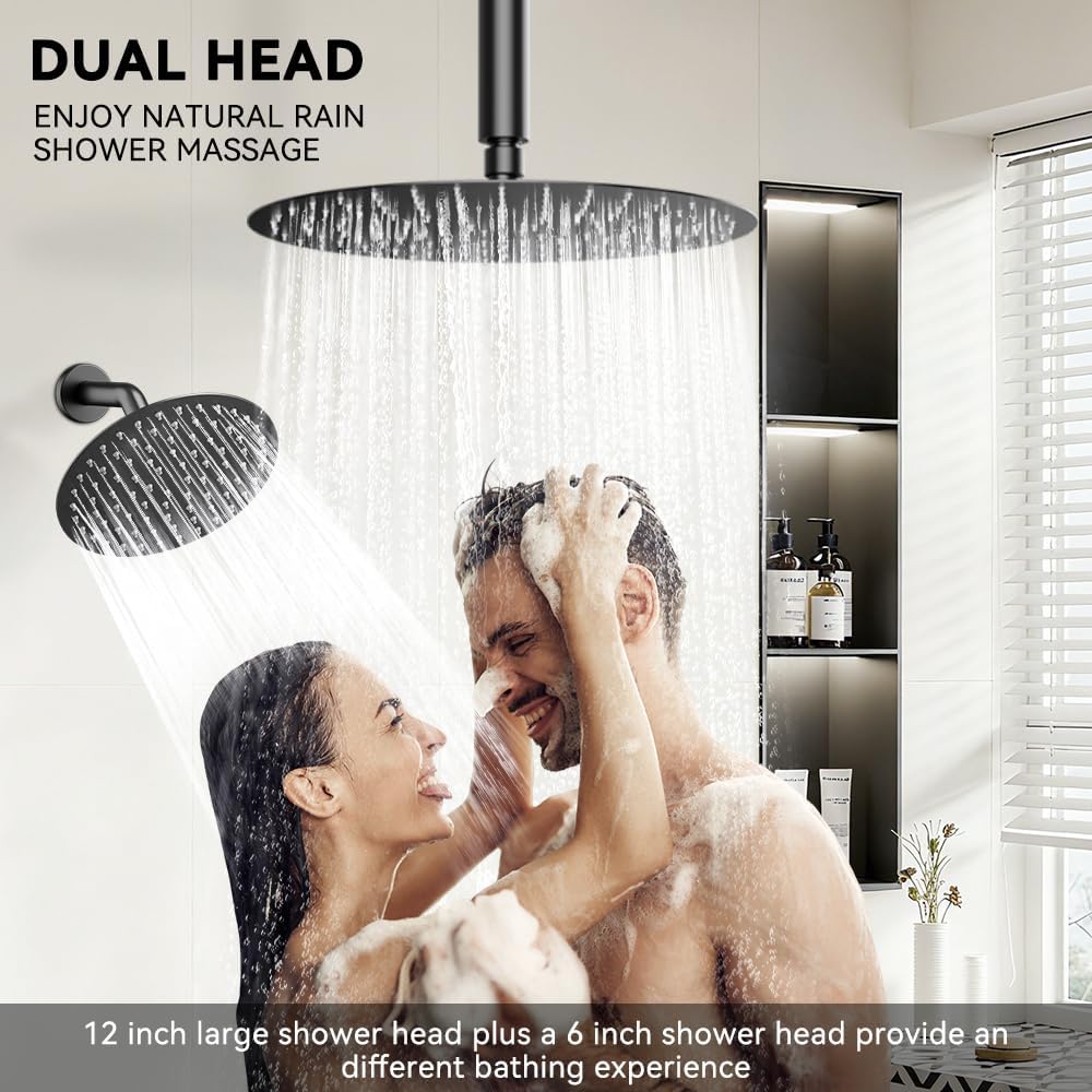 Shower Systems Shower Faucet Sets STARBATH 3 Way 12+6' Round Dual Rainfall Shower Head with Handheld Spray Combo, Ceiling Mounted Rain Shower Valve with 5 Diverter and Trim Kit Complete, Matte Black