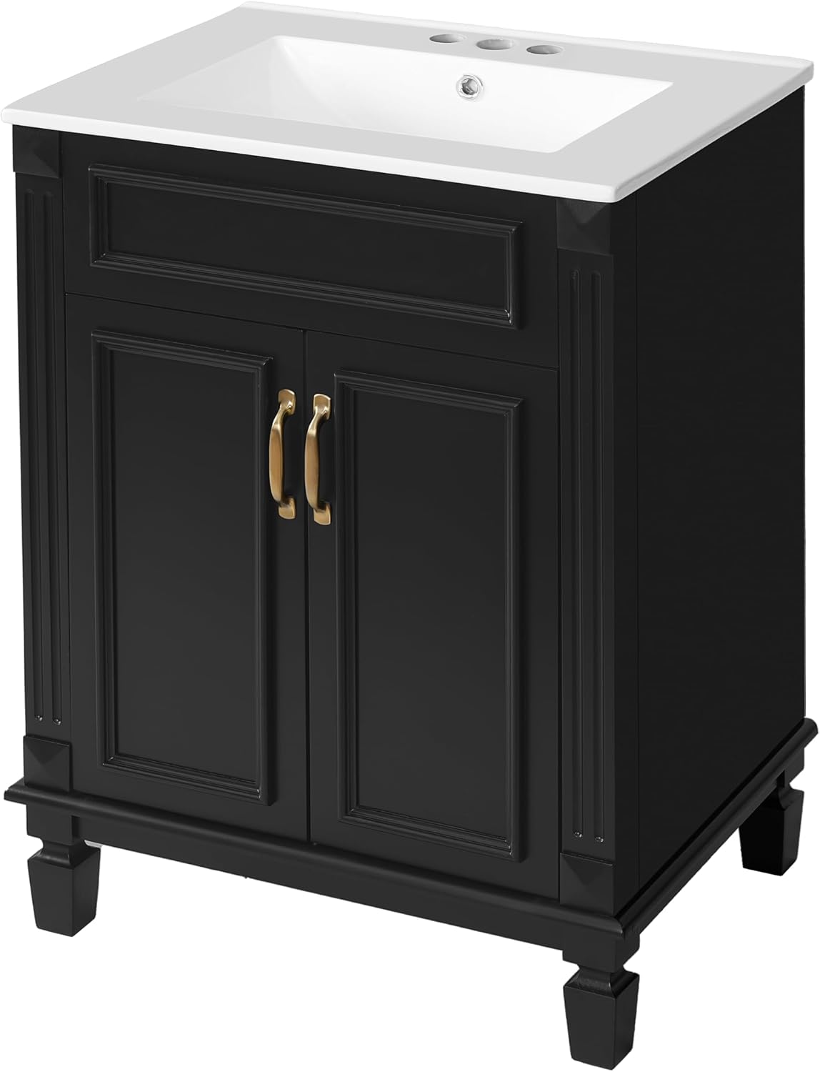 24-inch Bathroom Vanity with Sink Combo, Free-Standing Single Bathroom Storage Cabinet with 2 Soft-Closing Doors and Adjustable Shelf, Wooden Vanity Set with Ceramic Basin for Bathroom (Black)