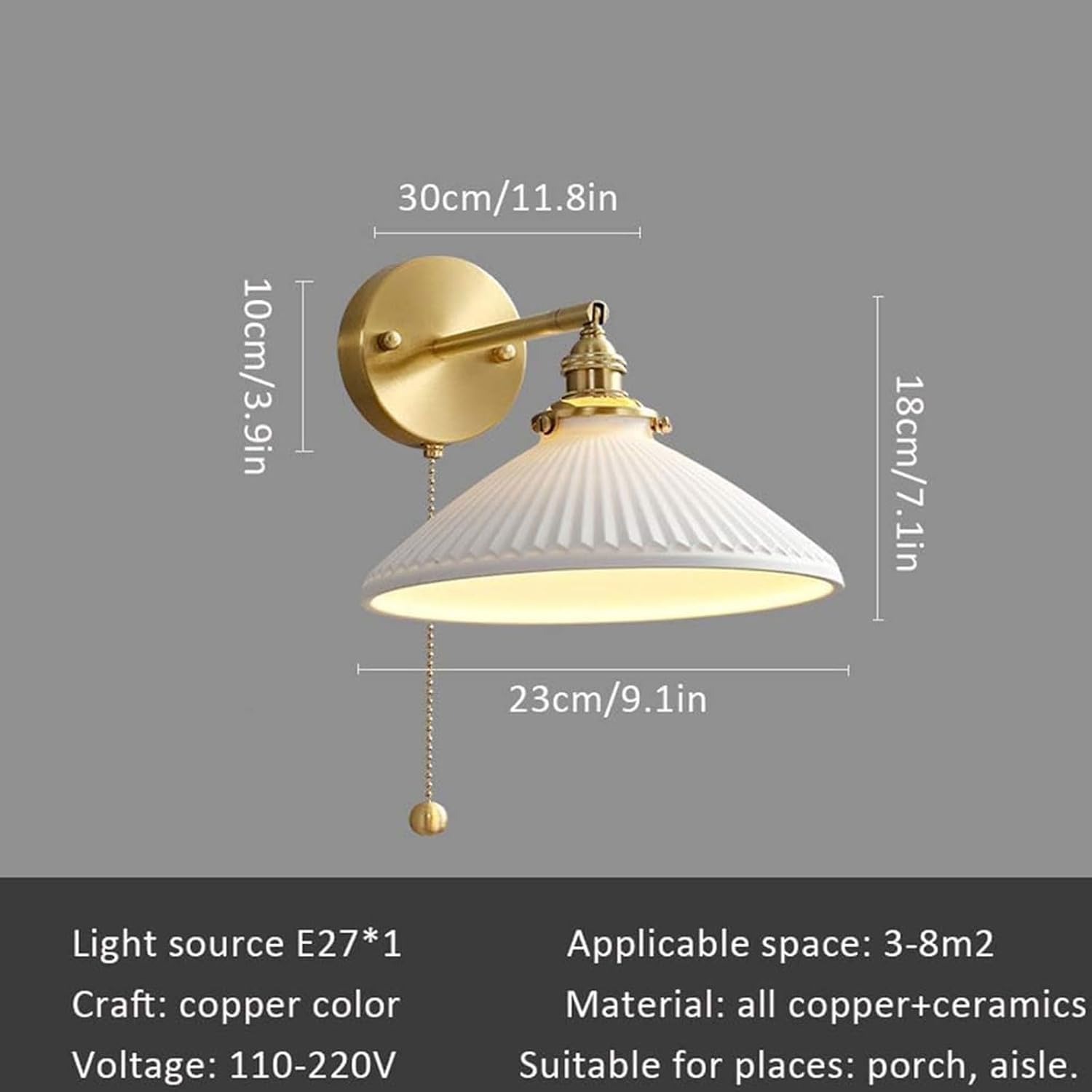 Vintage Ceramic Wall Sconce with Pull Cord Switch, Brass Wall Light Fixture, E27 Bedside Lamp for Living Room, Dining Room, Bedroom, Study - 1 Pack/2 Pack (2 Pack)