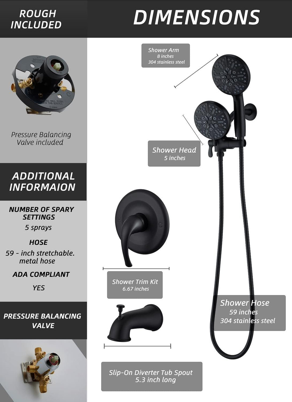 Tub Shower Faucet Set with Valve, High Pressure 3-way Water Diverter Shower Trim Kit Black