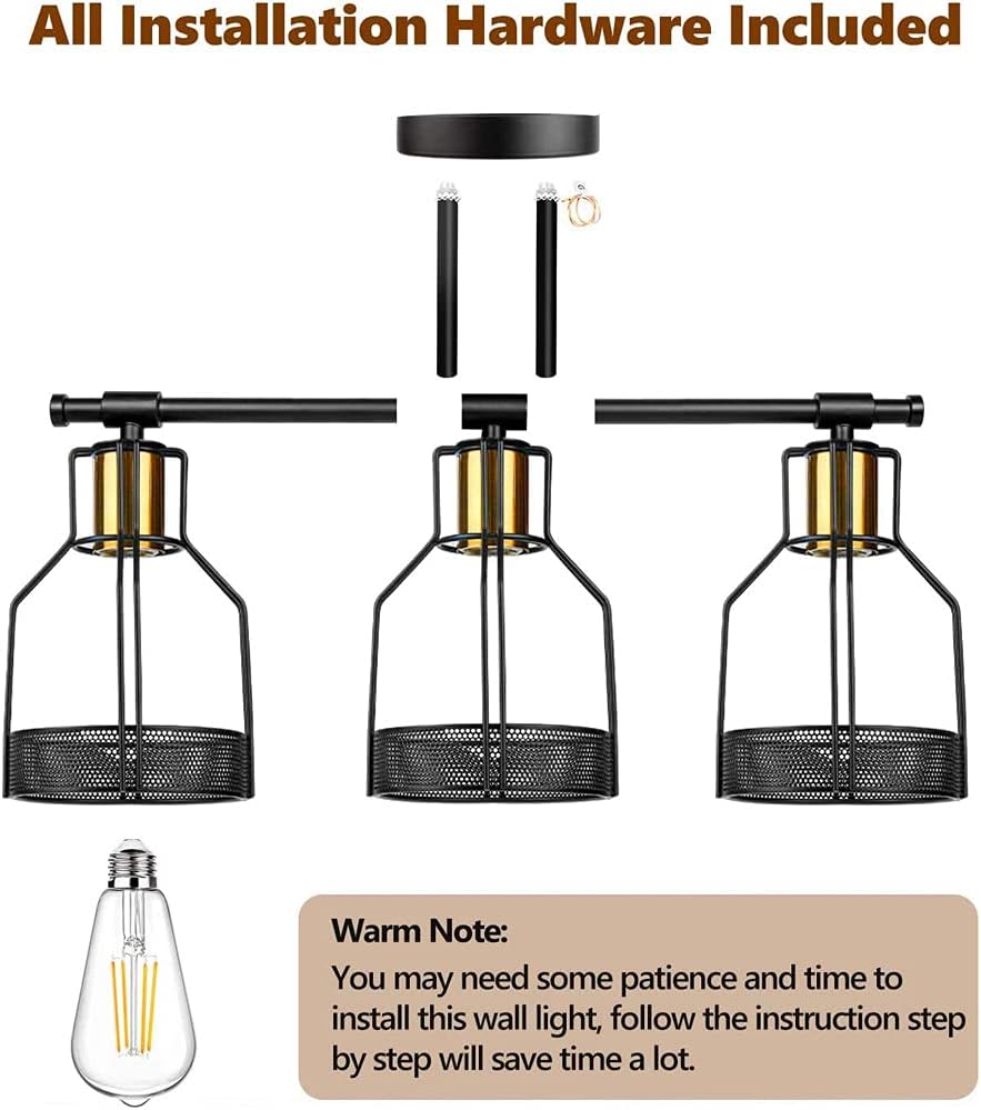 E26 3 Heads Wrought Iron Wall Lights Industrial Lighting, Bathroom Indoor Cage Light Fixture, Metal Shade with Black FinishApply to Living Room Restaurant Cafe Corridor