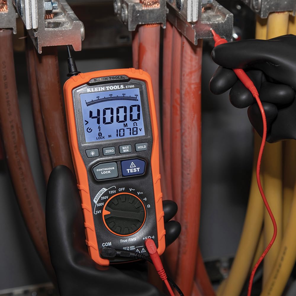 Klein Tools ET600 Multimeter, Megohmmeter Insulation Tester, 4000 Ohms Resistance, 125V/250V/500V/1000V, Auto-Ranging TRMS Multimeter
