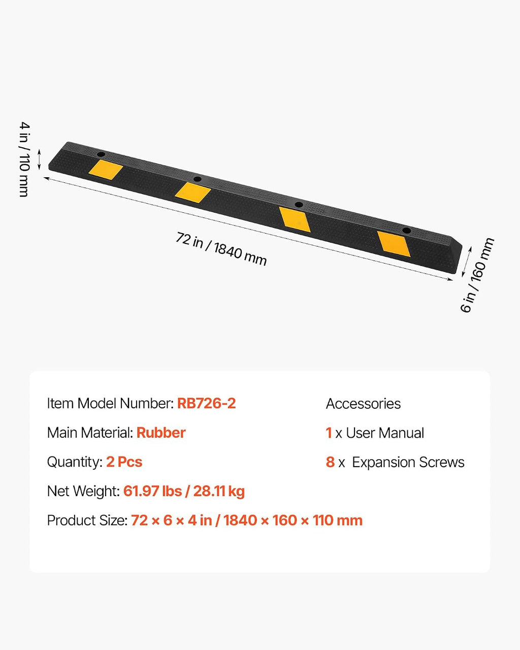 VEVOR Parking Stopper, 72 Inch 2 Pcs Heavy Duty Parking Aid for Garage, Rubber Curb Garage Floor Stopper with Reflective Strips, Aid Gadgets for Cars Vans Trucks Tire Wheel Guide Block Stops Bumpers