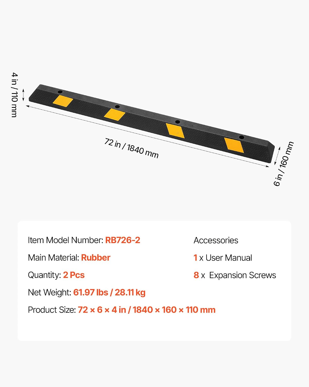 VEVOR Parking Stopper, 72 Inch 2 Pcs Heavy Duty Parking Aid for Garage, Rubber Curb Garage Floor Stopper with Reflective Strips, Aid Gadgets for Cars Vans Trucks Tire Wheel Guide Block Stops Bumpers